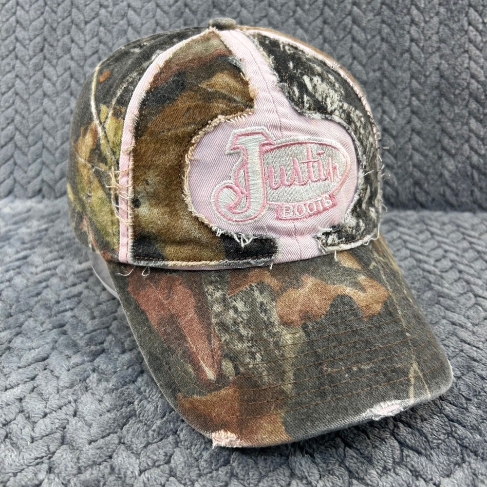 Justin Boots Logo Women Camo Hat Distressed Pink‎ Accents OSFM